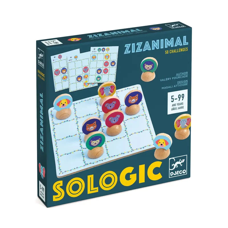 The image features the logic game "Djeco Sologic Zizanimal," which displays vibrant animal tokens arranged on a grid and offers 50 engaging challenges designed for ages 5 to 99.