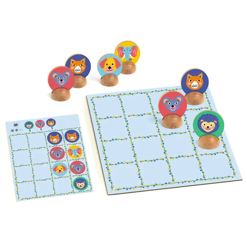 The Djeco Sologic Zizanimal is a children's strategy board game that includes a grid and wooden pieces adorned with vibrant animal faces such as a fox, bear, lion, elephant, and hedgehog. A smaller card featuring matching animal images accompanies the board to help enhance critical thinking skills.