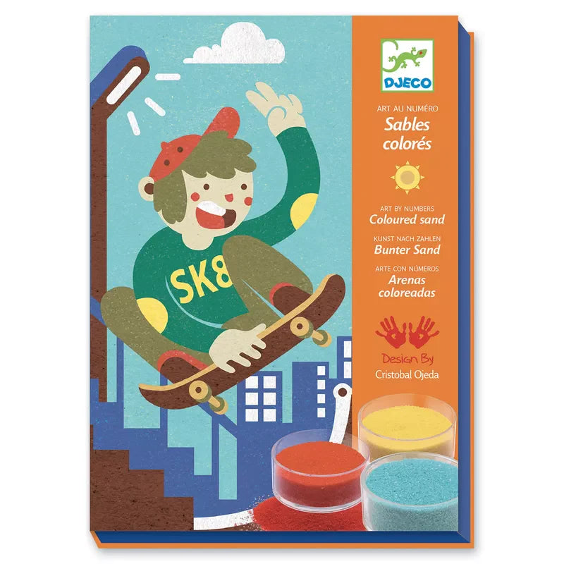 A picture of a kid on a Djeco Coloured Sands Boardsport Fun skateboard.