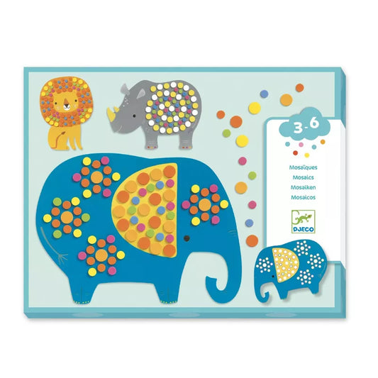 A picture of Djeco's Mosaics Soft Jungle featuring an elephant and a giraffe.