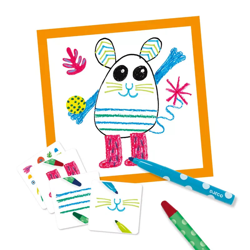 A picture of Djeco Drawing Together, Funny animals and some crayons.