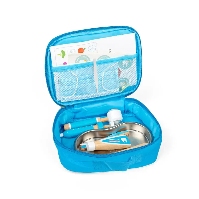 The Bigjigs Dentist Kit includes a blue fabric case with a zipper, opening to reveal a stethoscope, syringe, and reflex hammer. The lid features a mesh pocket for paper accessories. Ideal for children's pretend play.
