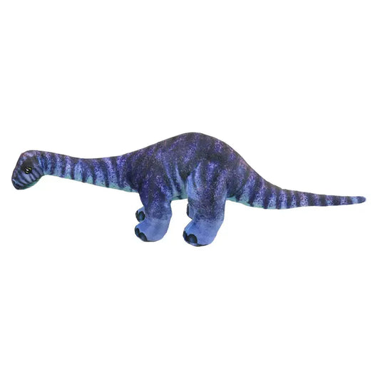 The Natural History Museum Large Diplodocus Soft Toy is a dark blue dinosaur with light blue and purple stripes, four legs, long neck and tail—a perfect prehistoric gift for dino fans.
