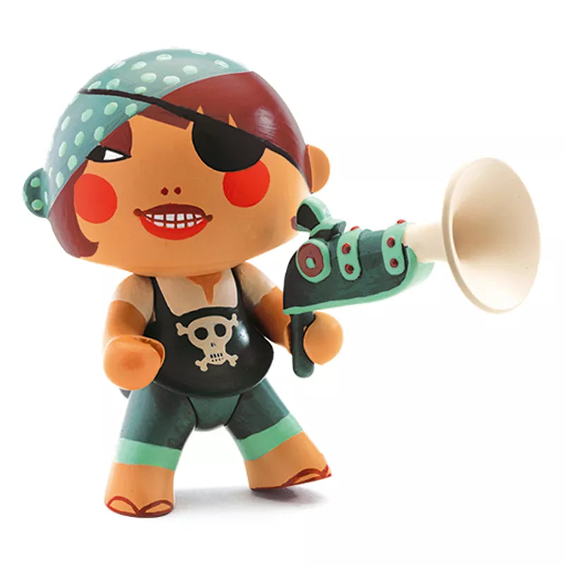 A Djeco Arty Toys Caraïba figure of a pirate with a megaphone, perfect for puppet shows and imaginative play.