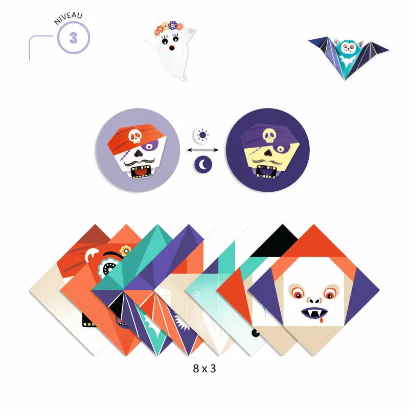 A set of Djeco Origami Shivers with different designs on them, featuring fluorescent ink.
