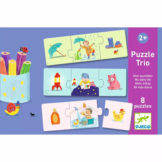 A set of Djeco Trio Puzzle My daily life with a picture of a cat and a dog.