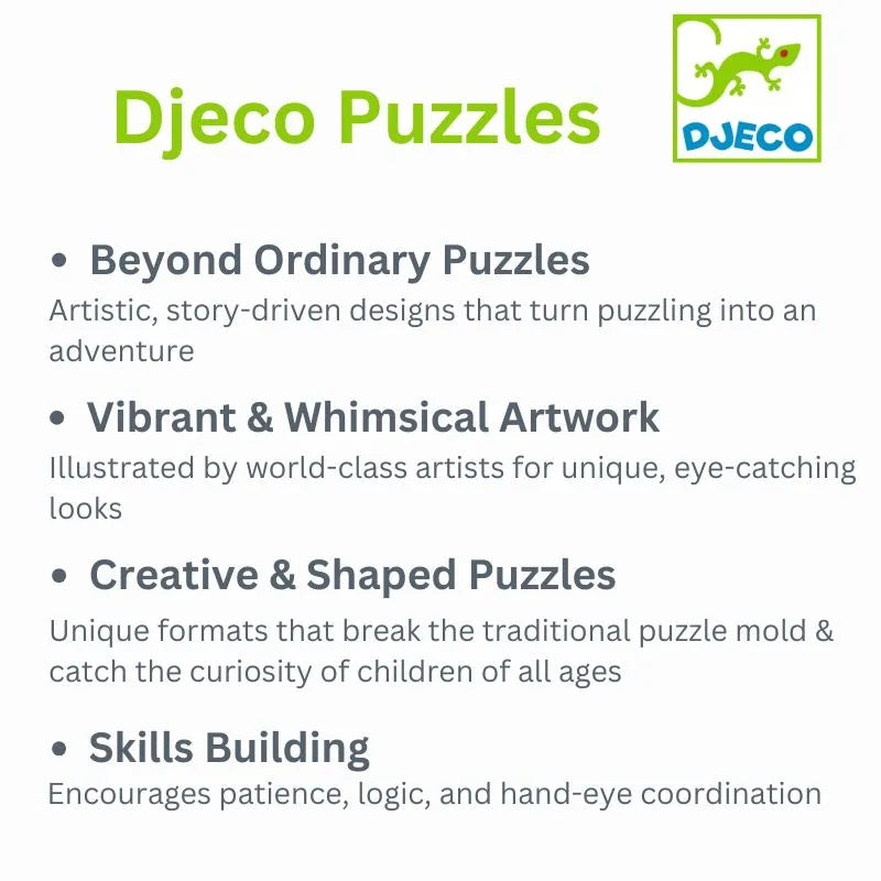 A Djeco Puzzle Small and Big promo with a green logo, lizard graphic, and text showcasing artistic designs, whimsical artwork, creative formats like safari animals frieze puzzle, and skill-building fun for children.