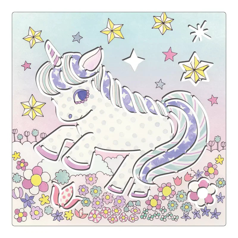 A drawing of a unicorn in a field of flowers using Djeco Stencils Kawaïland.