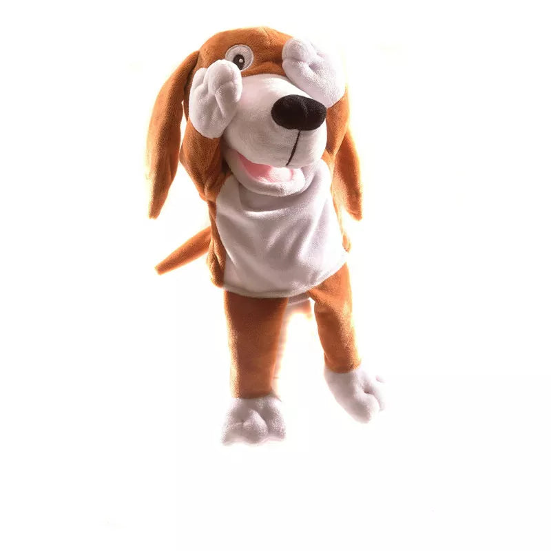 A kids' dog hand puppet is standing up on a white background.