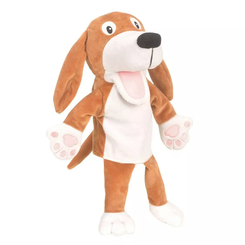 A kids' puppet show featuring a Fiesta Crafts Dog Hand Puppet with paws outstretched.