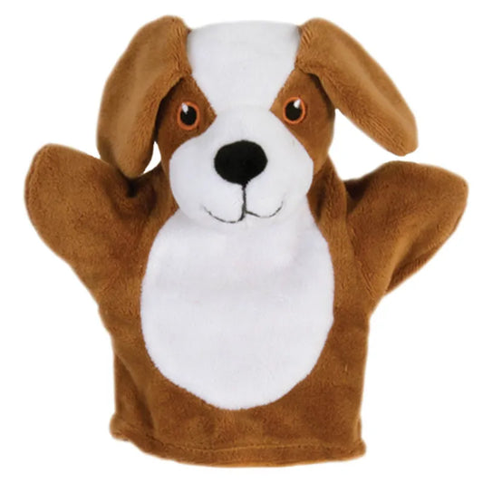 The Puppet Company My First Puppet Dog is brown and white with floppy ears, big eyes, and a black nose. Made from soft fabric, this hand puppet has a friendly expression ideal for interactive play that promotes language development.