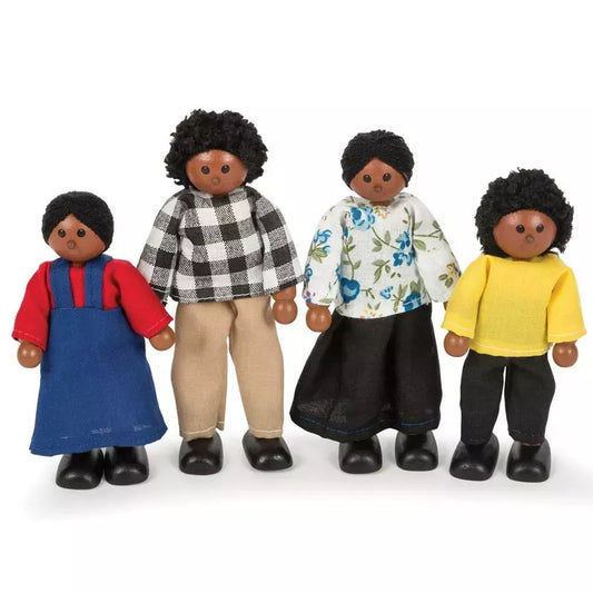 Four diverse, small Multicultural Dolls – Black Family designed for imaginative play, standing in a row, each dressed in different outfits featuring casual and traditional styles, against a white background.