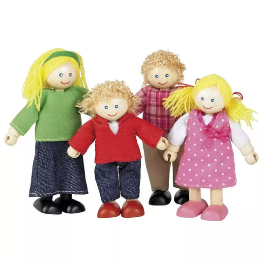 Four colorful wooden dolls from a Multicultural Dolls – White Family standing in a row, each with unique hair and outfits including green, red, and pink tops and blue and red shoes.