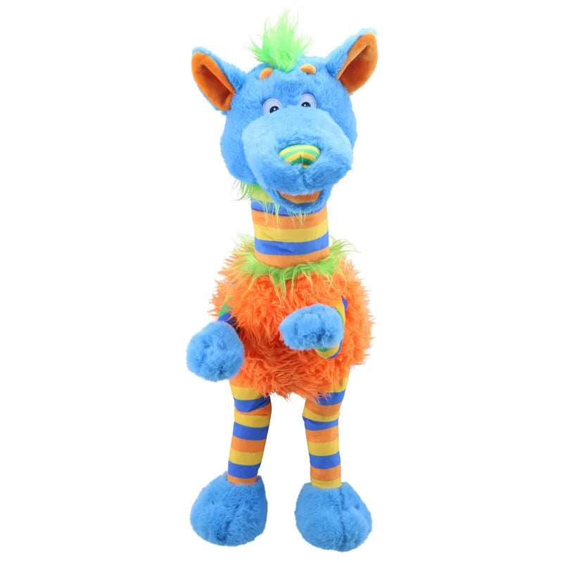 Introducing the Puppet Company Striders Wolf Doodad: a vibrant, colorful plush toy with blue fur, an orange fuzzy body, and multi-colored striped limbs. This friendly wolf puppet features green tufts of hair on its head and neck, large ears, and a playful expression. Designed for easy use by children, it's highly functional for endless fun.