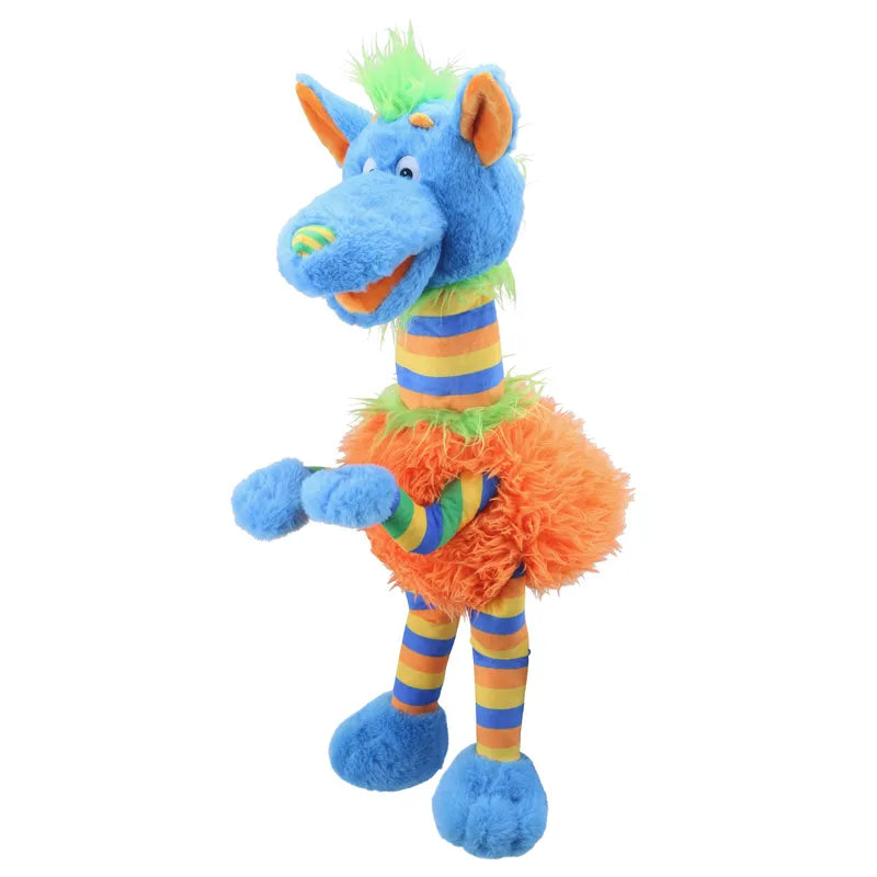 Introducing **The Puppet Company Striders Wolf Doodad**: a whimsical and highly functional stuffed animal with a vibrant multicolored design. It showcases a blue body, an orange fluffy back, and alternating green and orange stripes on its legs and neck. Featuring a friendly wolf puppet face with a green tuft of hair on top, this playful toy is perfect for children to enjoy.