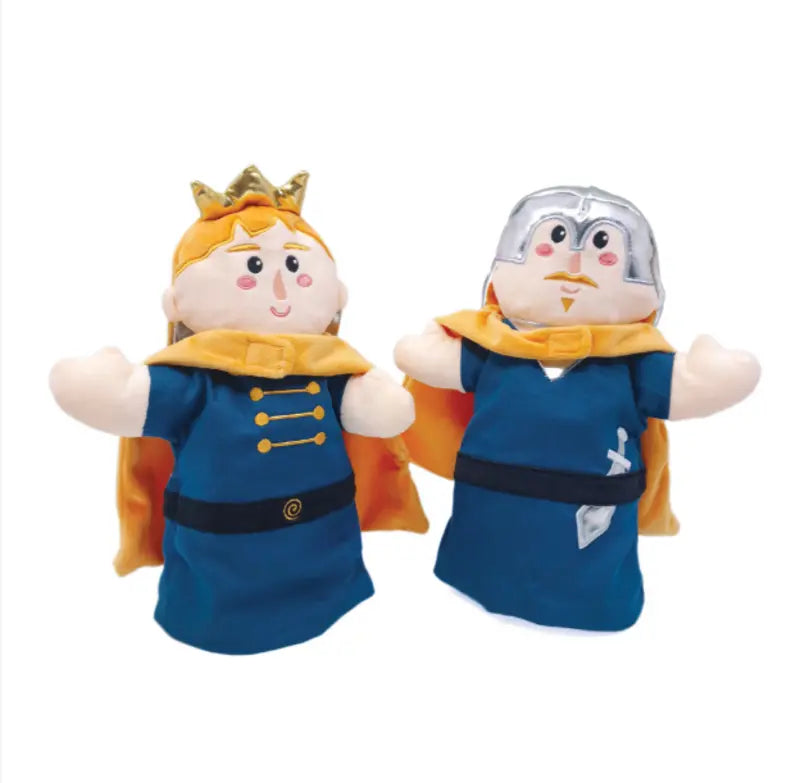 The Double-Face Hand Puppet Prince-Knight features two plush figures dressed as a prince with a gold crown and a knight with a silver helmet and sword, both in blue outfits with yellow capes—perfect for creative play on a white background.