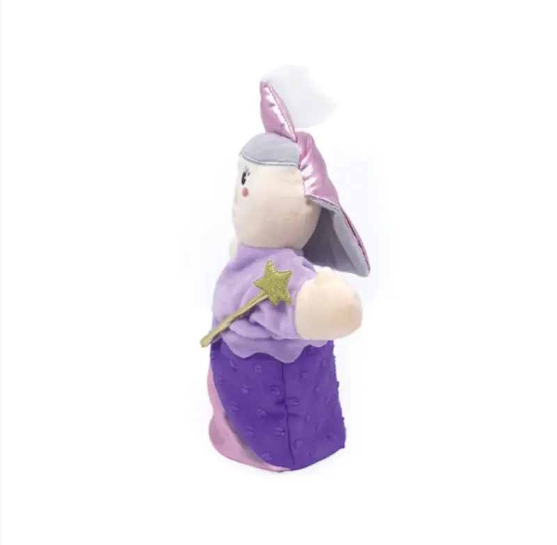 The Double-Face Hand Puppet Grandma-Fairy is a soft plush doll in a purple outfit and hat, holding a gold star wand, featuring pink and gray accents—ideal for creative play—displayed on a white background.