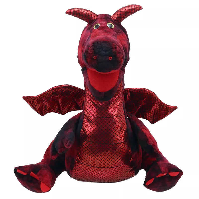 The Enchanted Red Dragon Hand Puppet is sitting on a white background, encouraging language development and storytelling.