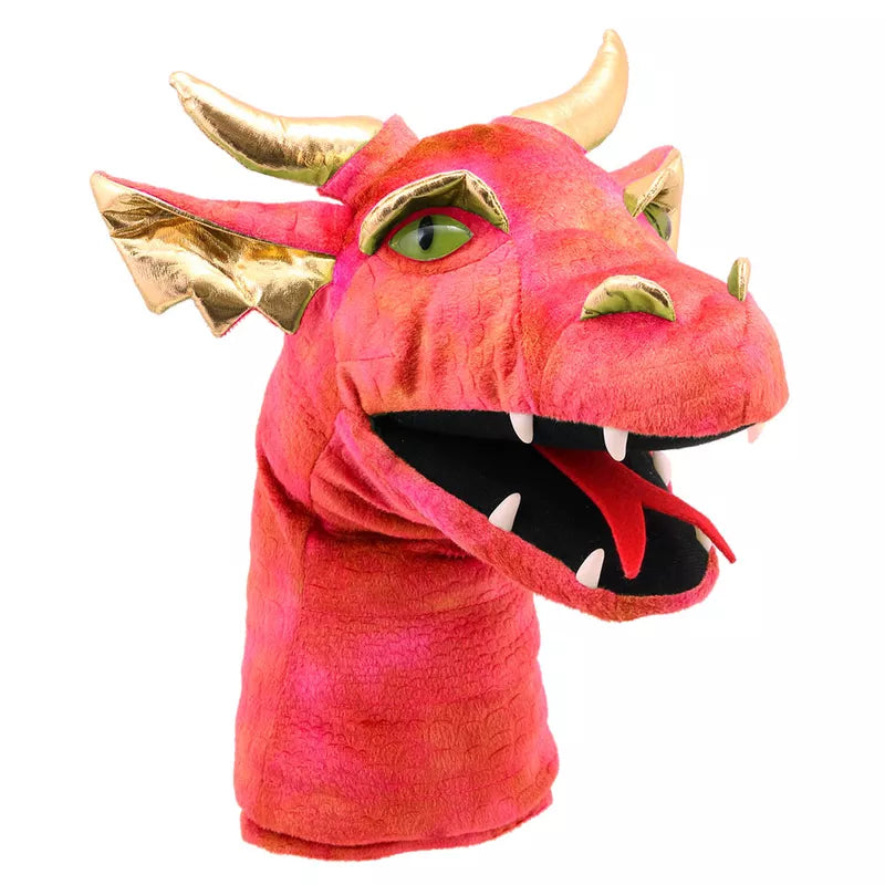 A lifelike Large Dragon Head Red Hand Puppet with gold eyes and horns.
