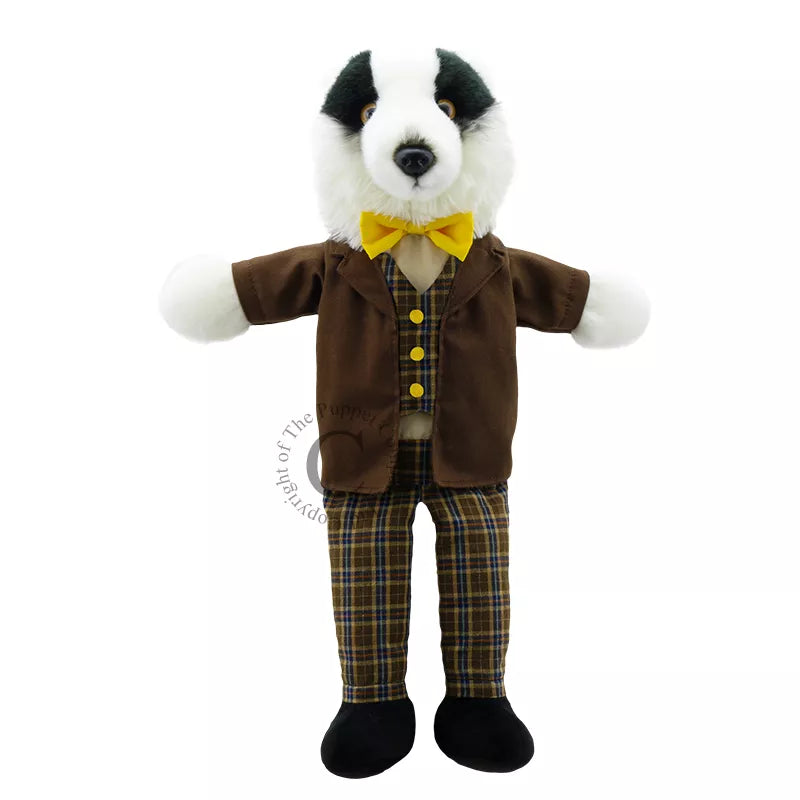 A kids' puppet show featuring a dapper badger puppet dressed in a suit and tie.