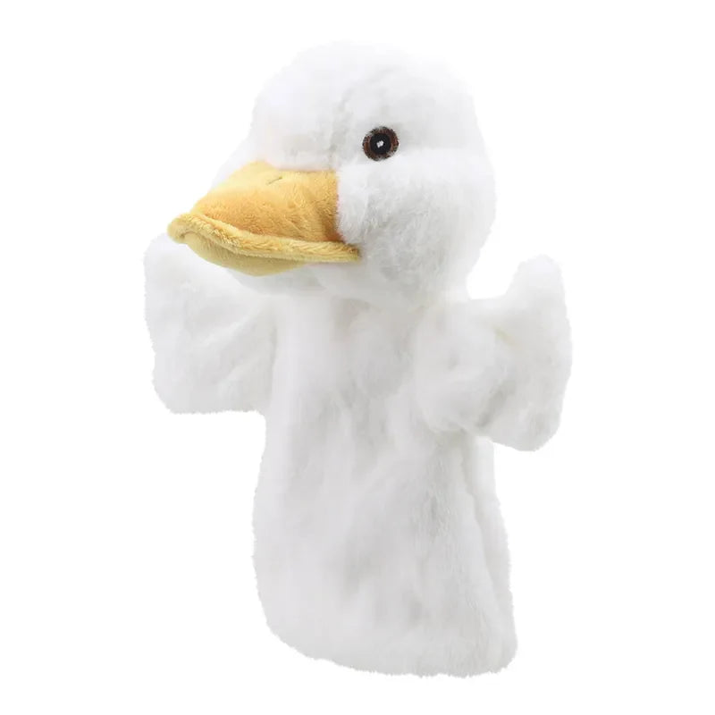 The ECO Puppet Buddies Duck Hand Puppet is a white duck hand puppet with a yellow beak and brown eyes, crafted from recycled materials. The puppet's wings are lifted slightly, giving it a soft and fluffy appearance. Perfect for imaginative and creative play, the image features the duck against a plain white background.