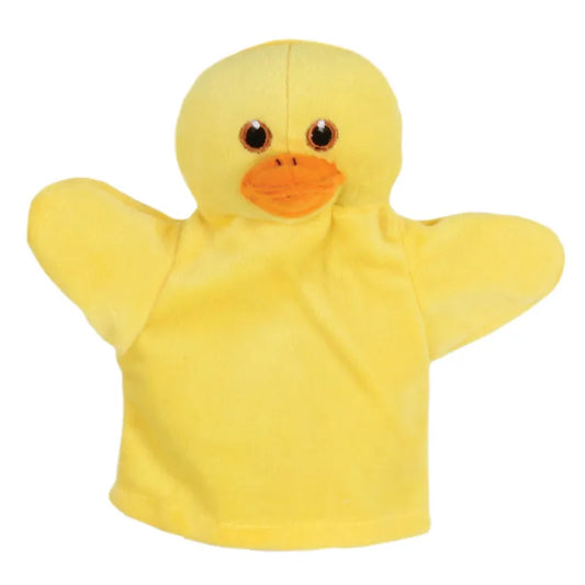 The Puppet Company My First Puppet Duck is a yellow plush hand puppet featuring an orange beak and eyes. Its soft fabric and outstretched wings encourage interactive play, aiding language development, all showcased on a plain white background.