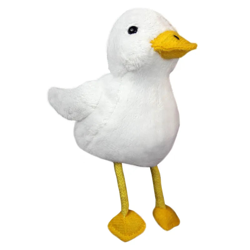 The Puppet Company Duck Finger Puppet is a plush toy duck perfect for creative play and storytelling, featuring white fur, a bright yellow beak, and yellow webbed feet. This charming puppet stands upright against a plain white background.