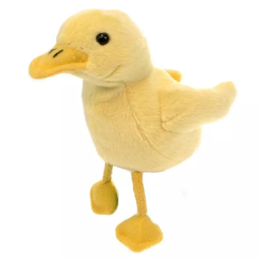 A yellow duckling finger puppet is standing on a white background, perfect for kids' puppet shows.