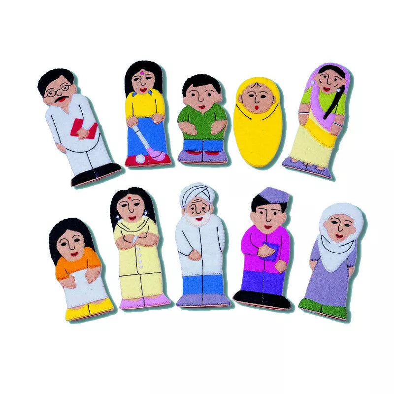 A set of Asian Family & Friends Finger Puppets on a white background.