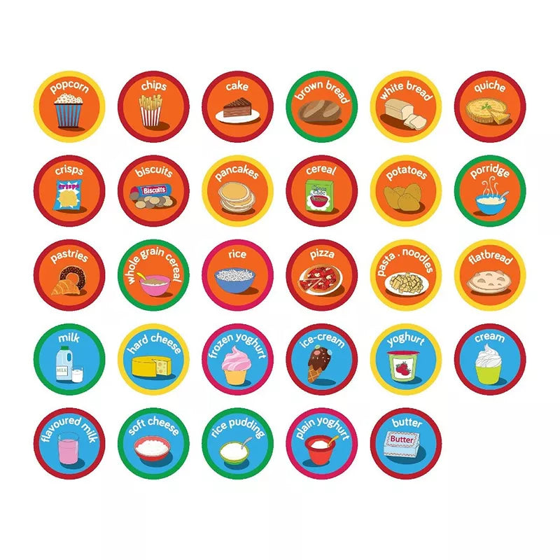 A Fiesta Crafts Eat Well Magnetic Chart with different types of food stickers.