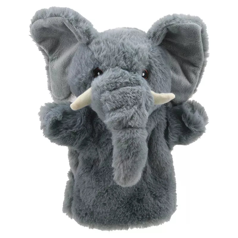 A gray ECO Puppet Buddies Elephant Hand Puppet, a member of the Animal Puppet Buddies collection, on a white background.