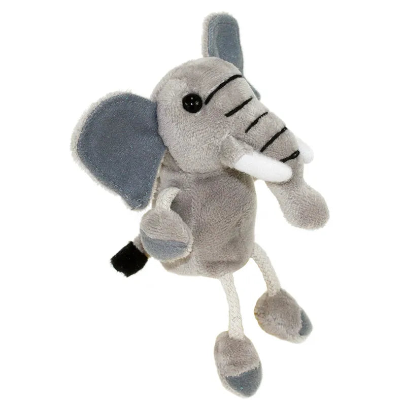 The Puppet Company Elephant Finger Puppet is a small, gray plush toy with large ears, a long trunk, and white tusks. It has darker gray inside its ears and on its feet tips, plus a black tail. Perfect for creative play and storytelling with its soft texture.