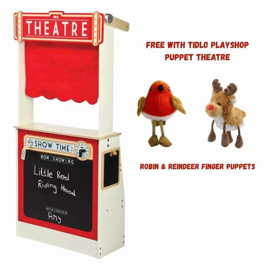 Get the Tidlo Playshop and Puppet Theatre with a red curtain, "THEATRE" sign, chalkboard reading "Little Red Riding Hood," plus FREE robin and reindeer finger puppets included!.