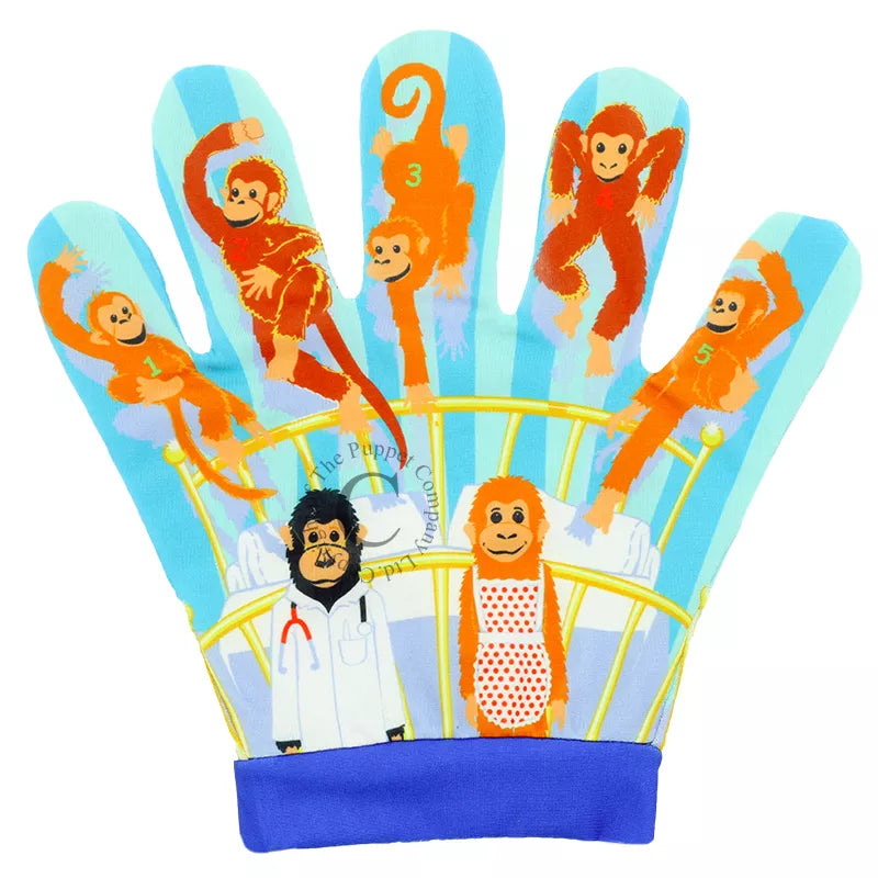 A pair of The Puppet Company Song Mitt gloves for kids to enjoy a puppet show with 5 Little Monkeys.