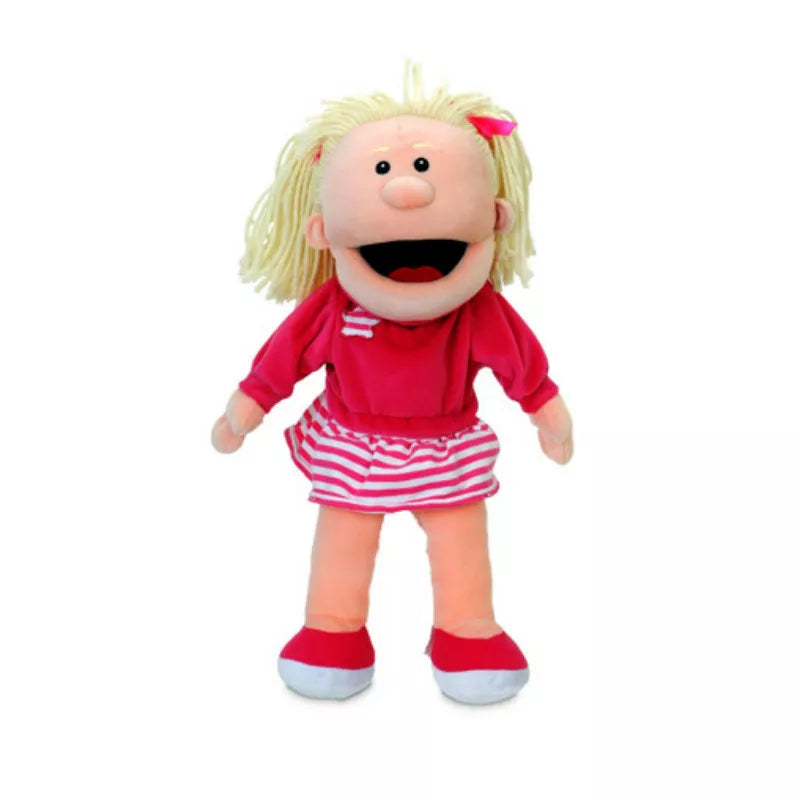 A kids' puppet show with a Fiesta Crafts girl puppet featuring blonde hair and a pink dress.