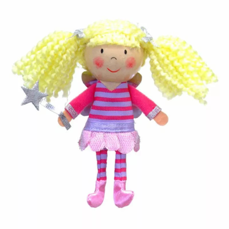 A fun and interactive puppet show for kids featuring a blonde-haired Fiesta Crafts Fairy Finger Puppet showcasing magical wand play.