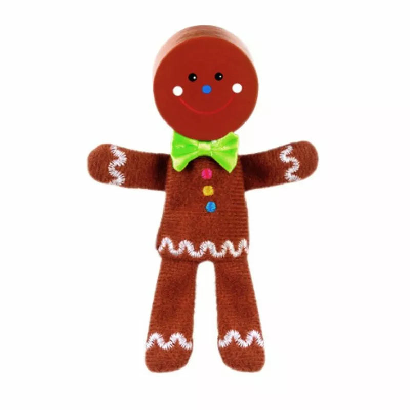 A kids' puppet show featuring a Fiesta Crafts Gingerbread Man finger puppet wearing a green bow tie.