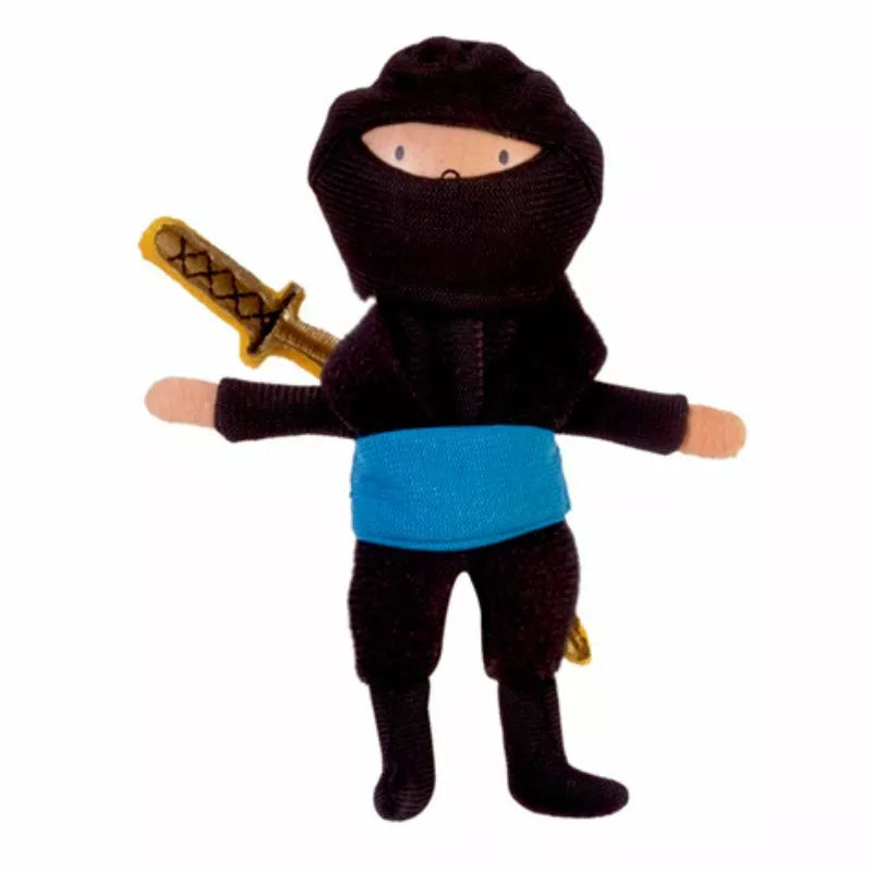 A kids puppet show featuring a Blue Ninja Finger Puppet with a sword.