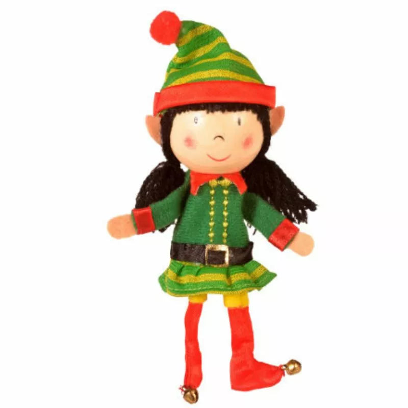 A Fiesta Crafts Girl Elf Finger Puppet dressed in green and red.