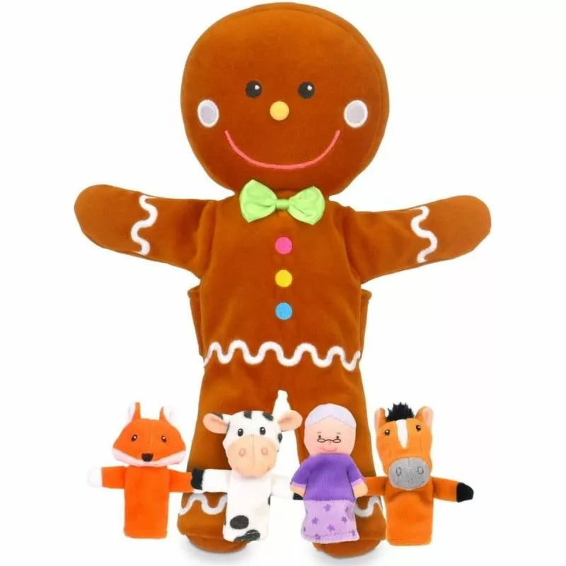 A Fiesta Crafts Gingerbread Man with Finger Puppets Set stuffed toy with four other animals, perfect for story time.