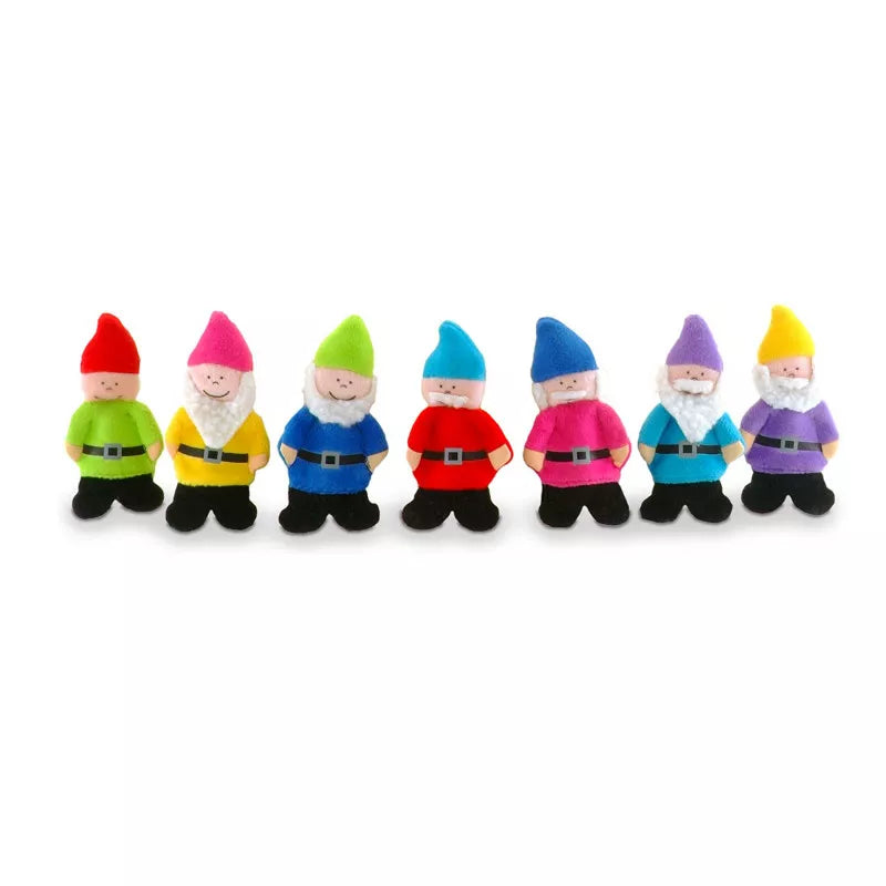 A row of Fiesta Crafts Snow White puppets perfect for kids' puppet shows.