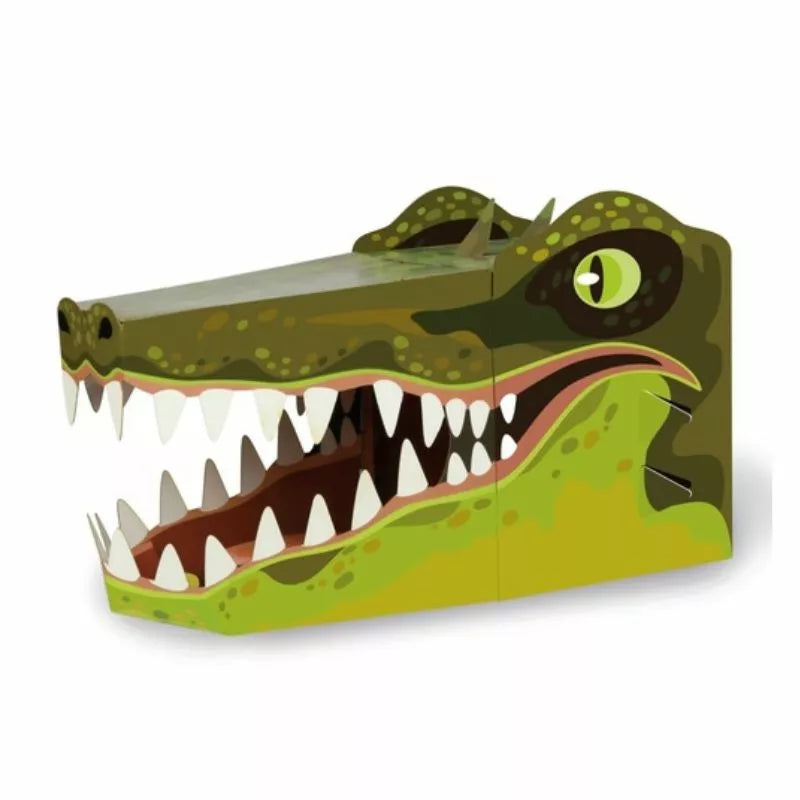 A green crocodile puppet shaped box for a kids' puppet show on a white background.