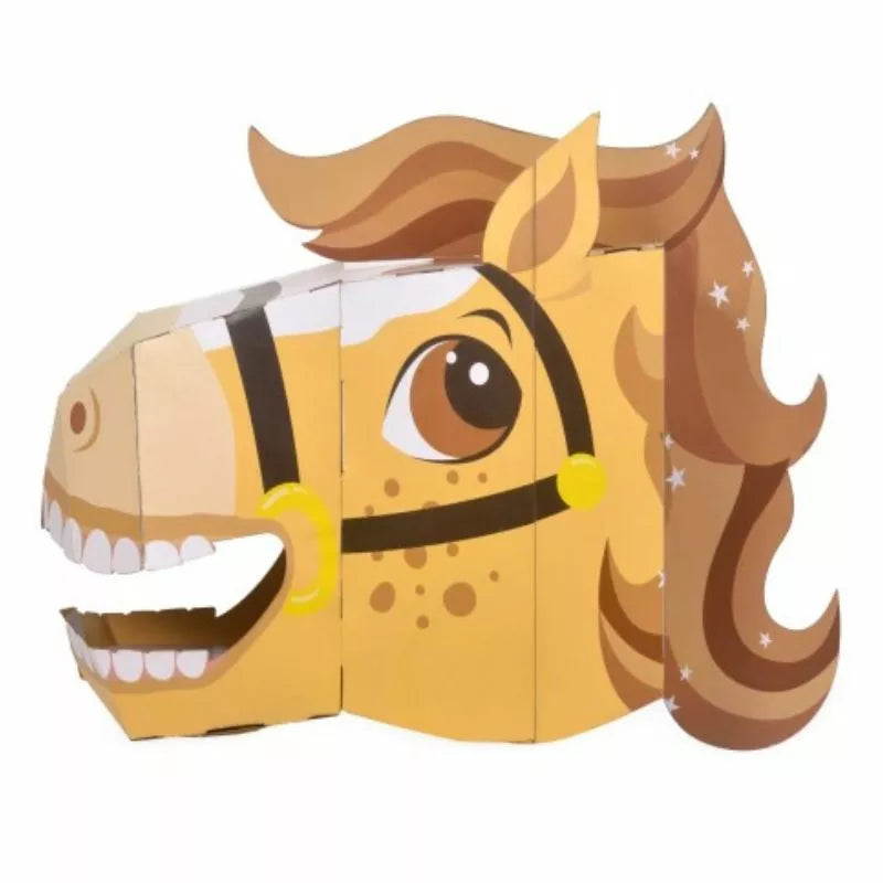 A 3D puppet horse mask with brown hair and brown eyes perfect for kids' puppet shows.