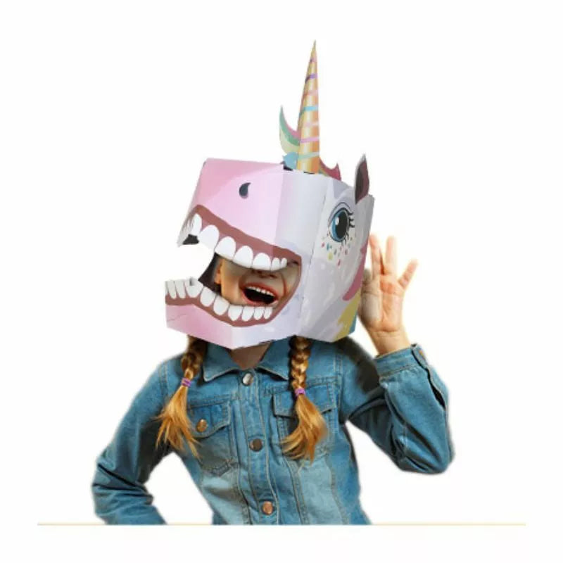 A girl participating in a puppet show wearing a Unicorn 3D Mask.