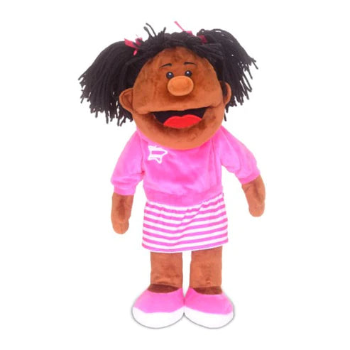 A pink and white striped Fiesta Crafts hand puppet for kids with a black girl character.