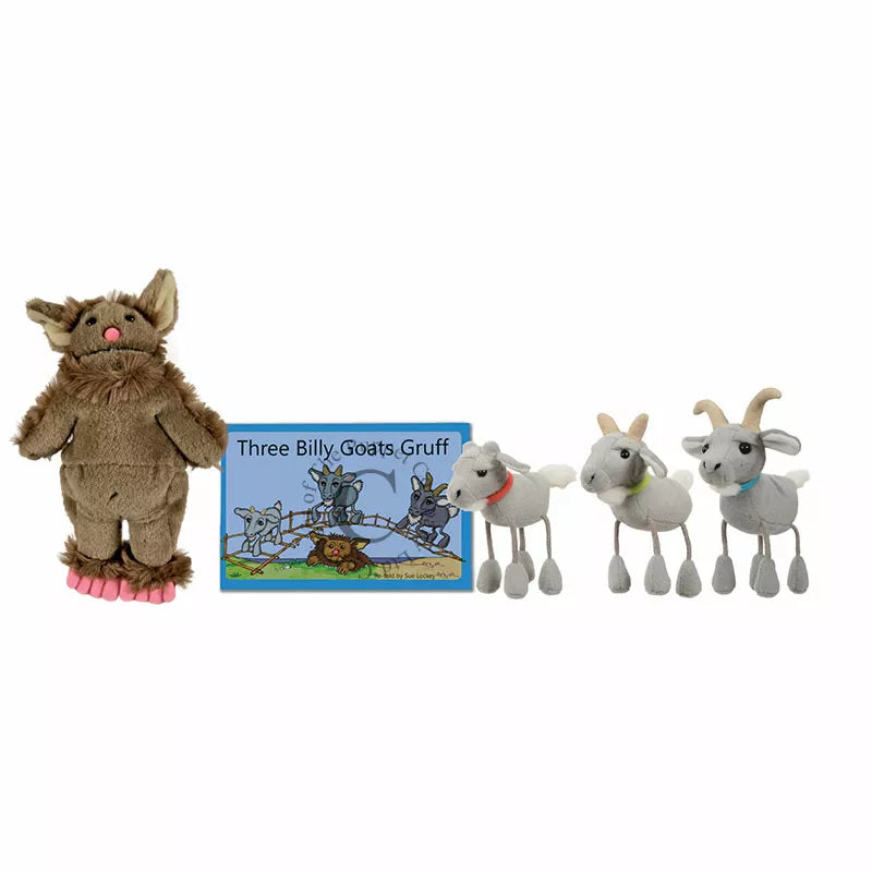 A set of kids' finger puppet show featuring The Puppet Company Finger Puppet Story Set Three Billy Goats Gruff and a book.