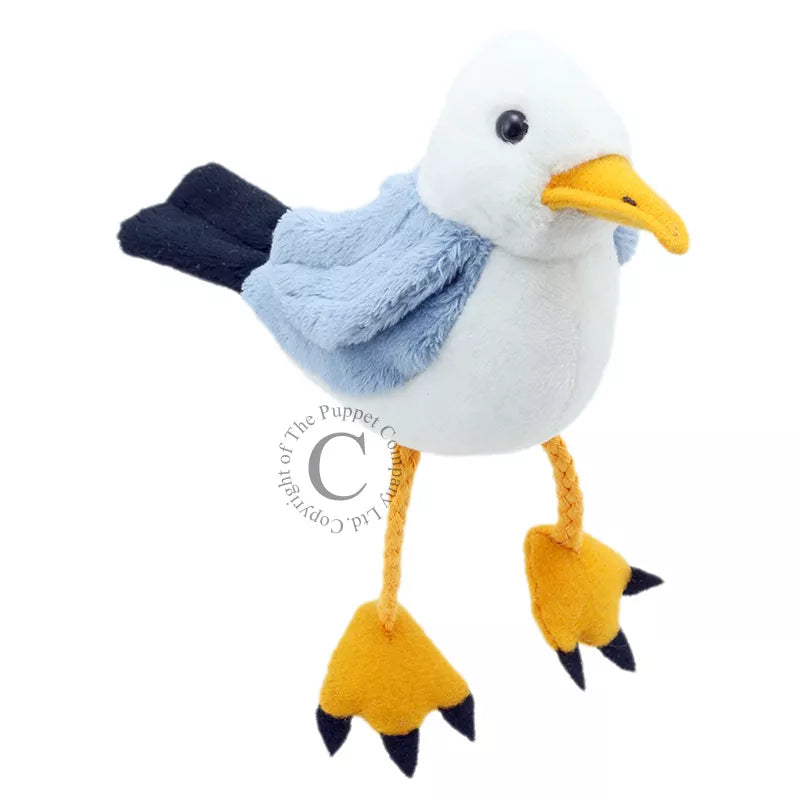 A blue and yellow The Puppet Company Seagull Finger Puppet for kids' puppet shows.