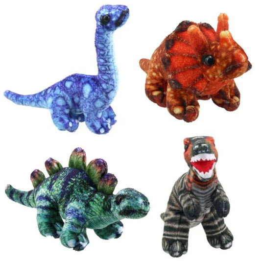 Displayed are four vibrant dinosaurs from the "Dinosaurs Finger Puppets Pack of 4." The top left features a purple and blue Brachiosaurus, while an orange Triceratops occupies the top right. On the bottom left, there's a green and grey Stegosaurus, and the bottom right showcases a black-and-white T. rex with an open mouth. These puppets are perfect educational toys for children.