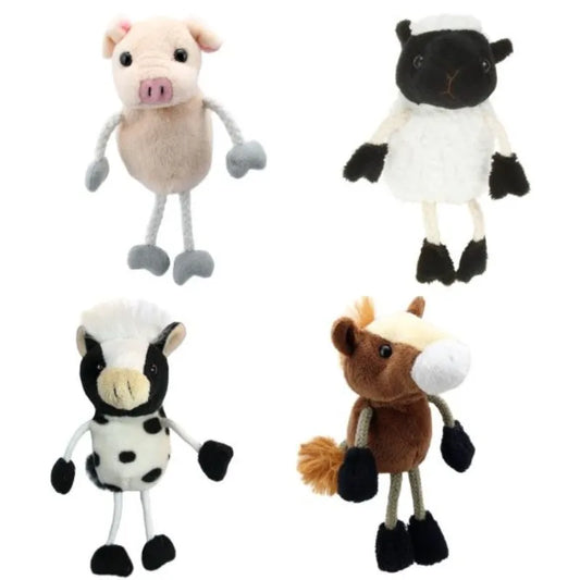 The Farm Finger Puppets Pack of 4 showcases four charming plush finger puppets, each depicting a unique farm animal. Going clockwise from the top left: there's a pig with a pink snout, a black-faced sheep with a white body, a brown horse with a white muzzle, and a black-and-white cow wearing a chef's hat—ideal for enhancing vocabulary skills.