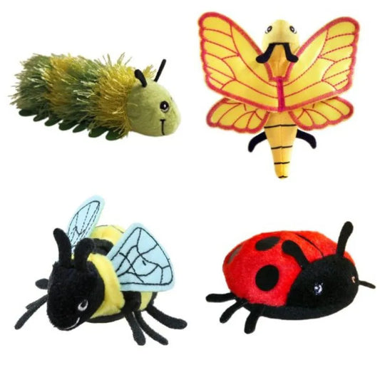 The Garden Finger Puppets Pack of 4 features a delightful collection: a fuzzy-textured green caterpillar, a wide-winged yellow and orange butterfly, a black and yellow bee with blue wings, and a red ladybug adorned with black spots. Ideal for interactive play and vocabulary development.